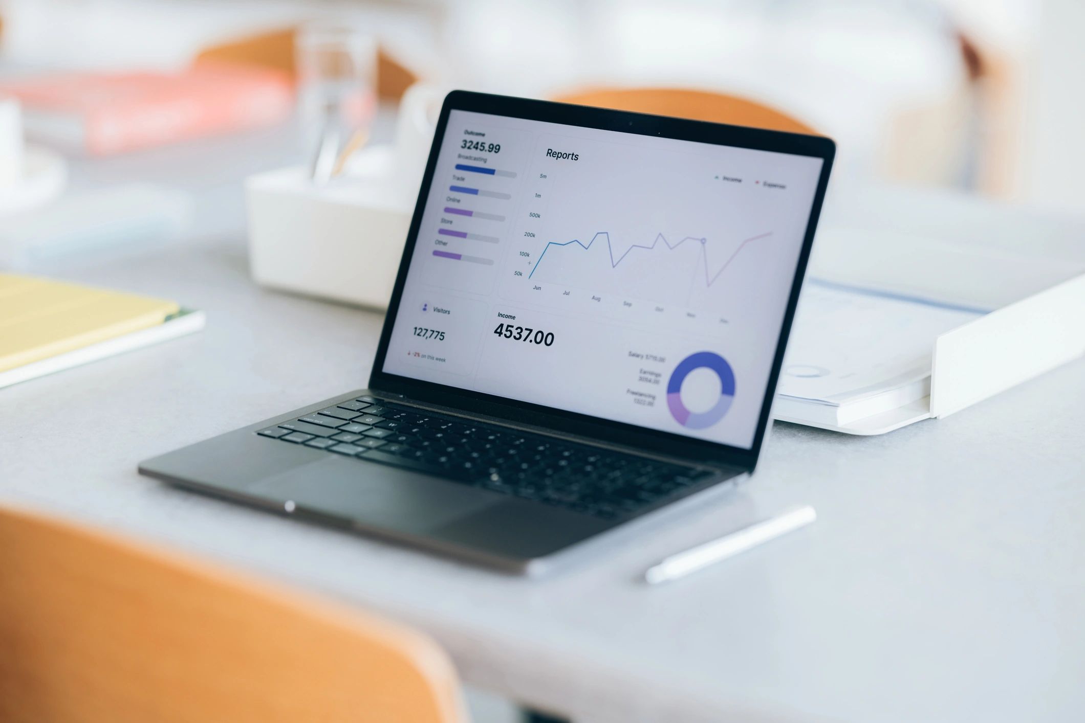 Laptop displaying charts and reports representing product metrics review